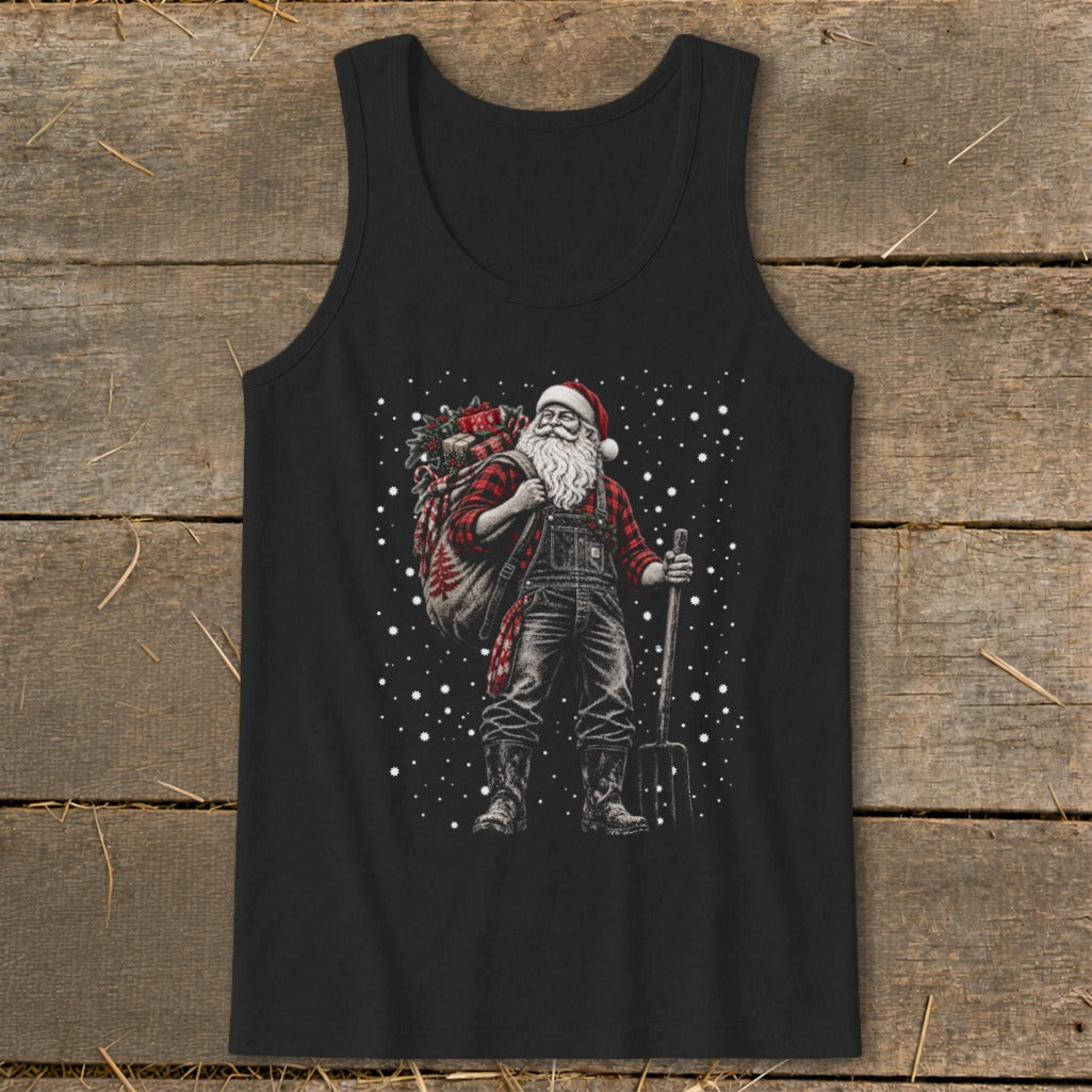 Santa Claus in overalls carrying a sack of gifts and holding a pitchfork.