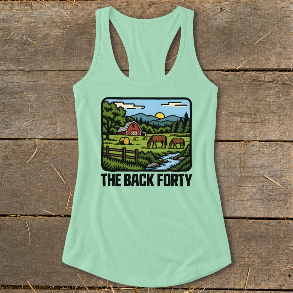 Mint green racerback tank top featuring a graphic of horses grazing in a pasture with the text THE BACK FORTY.
