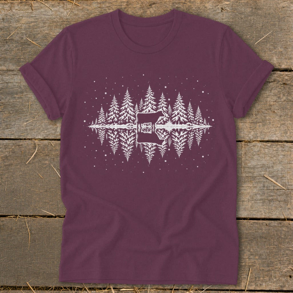 Maroon t-shirt with white reflective forest and mountain graphic.