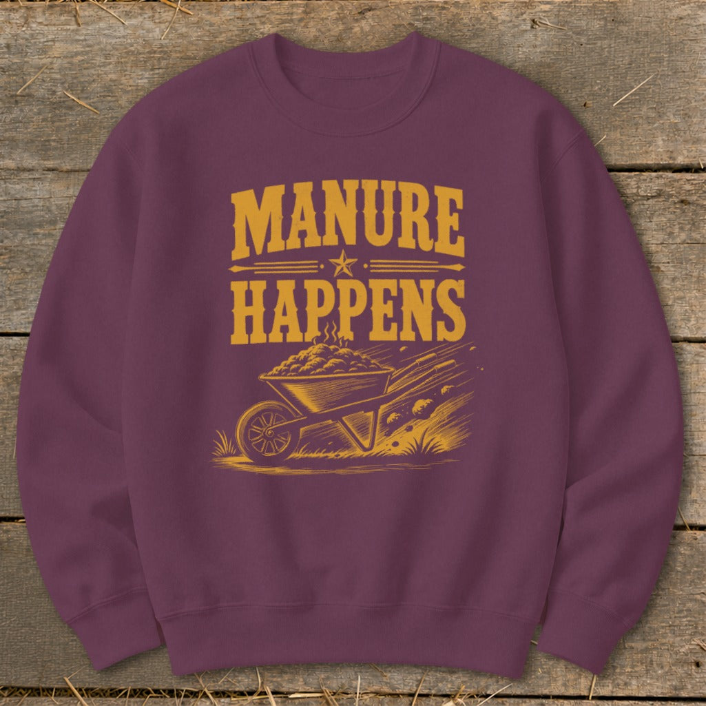 Maroon sweatshirt with "MANURE HAPPENS" text and wheelbarrow graphic.