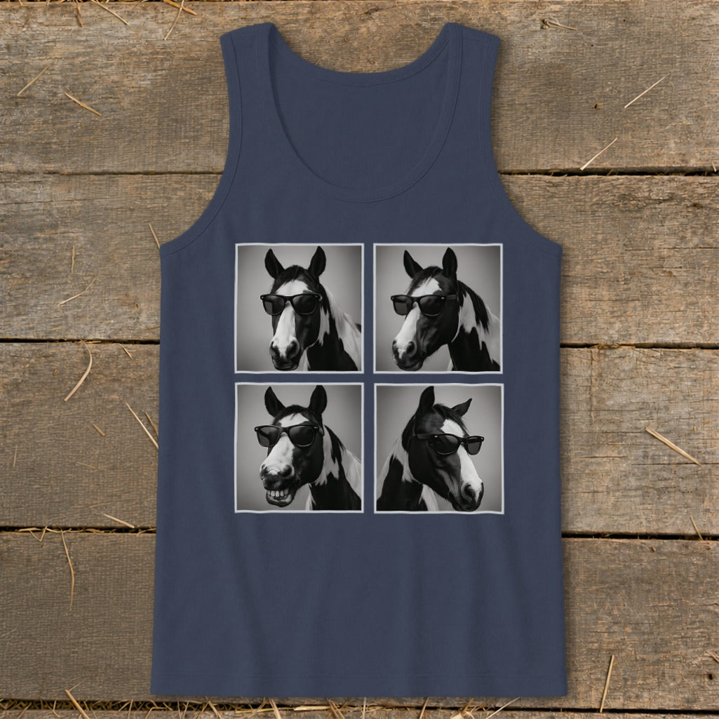 Tank top with a four-panel print of a horse wearing sunglasses.