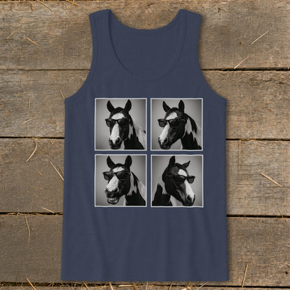 Tank top with a four-panel print of a horse wearing sunglasses.
