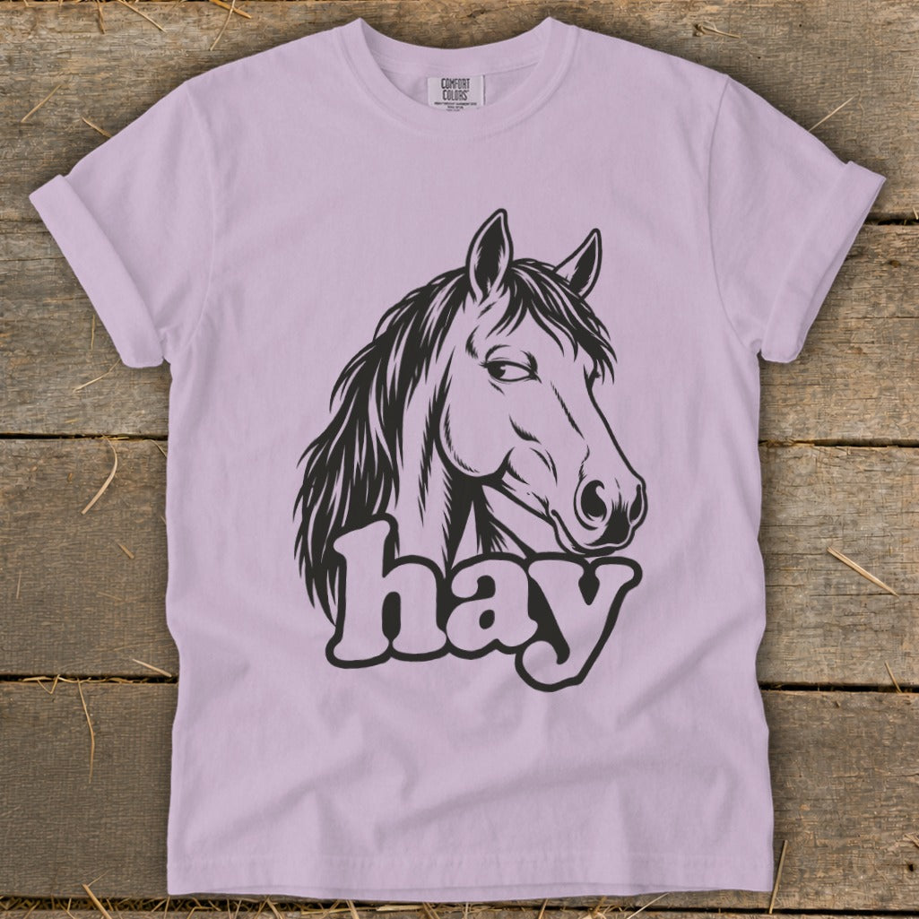 Black horse head graphic with the word "hay" on a light purple t-shirt.