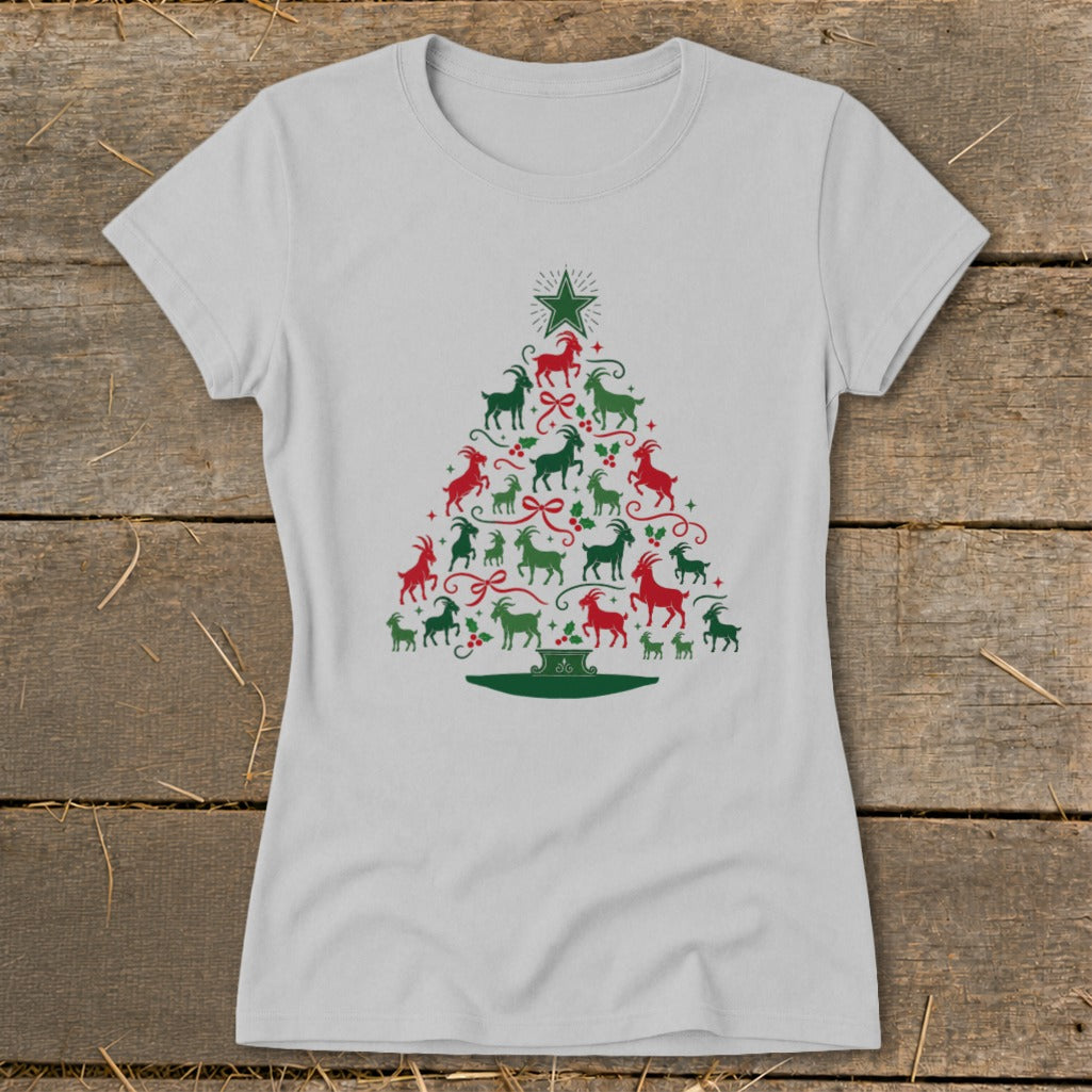 Grey t-shirt with a Christmas tree graphic made of red and green goats.