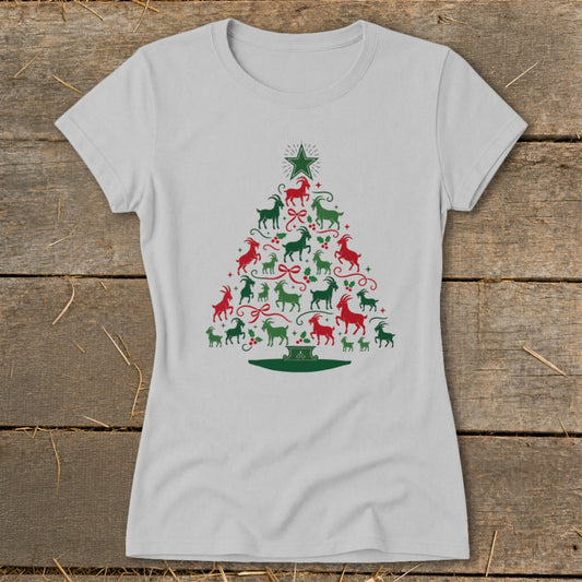 Grey t-shirt with a Christmas tree graphic made of red and green goats.