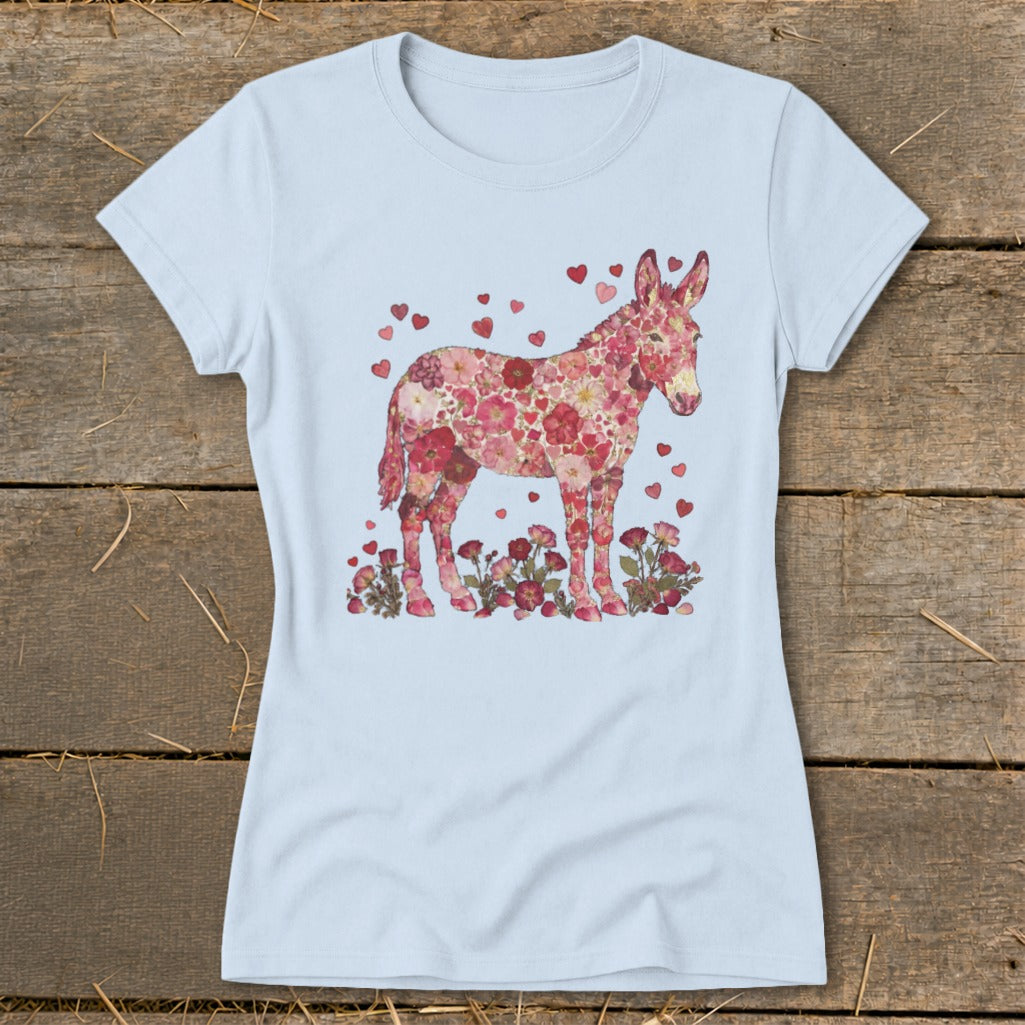 Light blue t-shirt with a donkey design made of pink flowers and hearts.