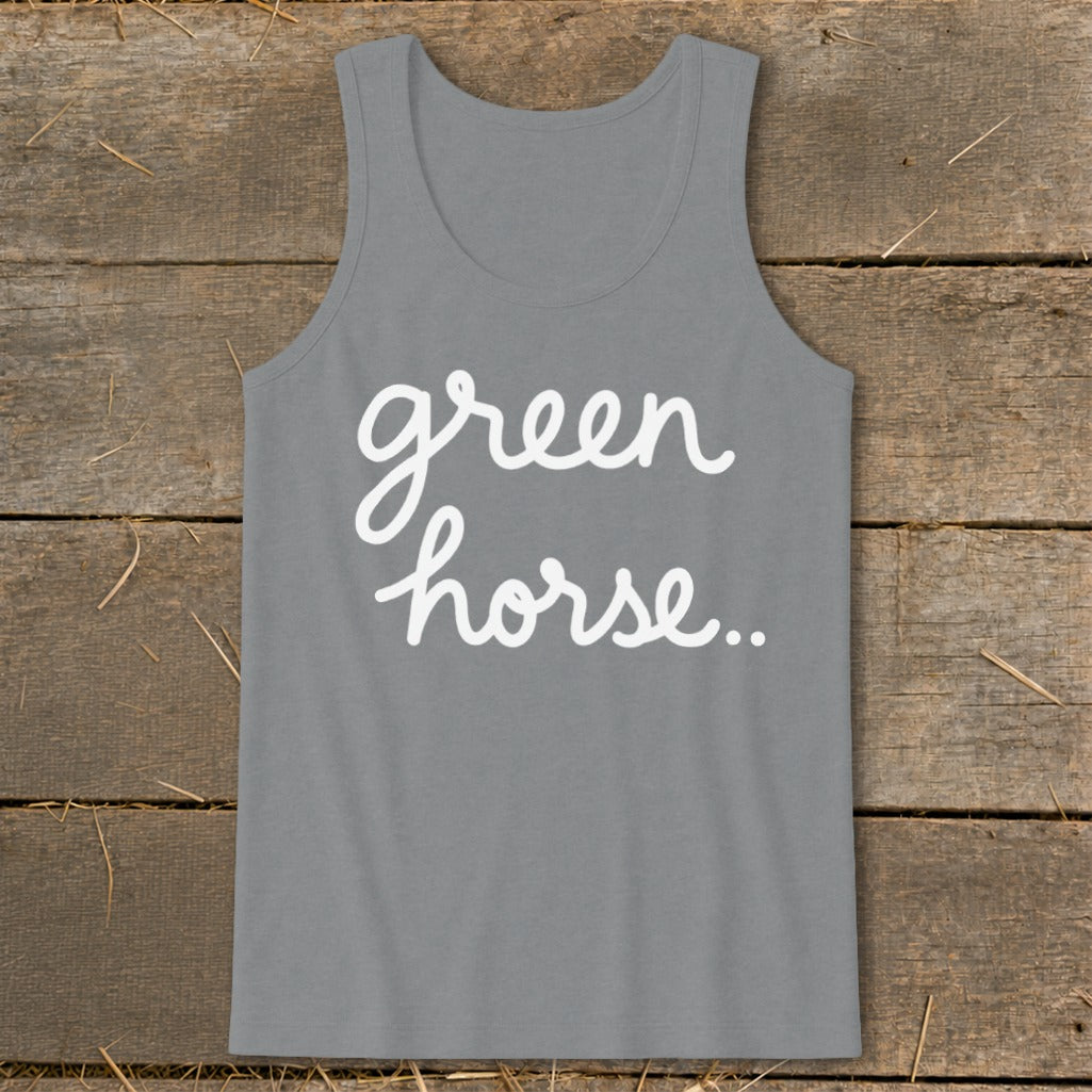 Grey tank top with white cursive text "green horse..".