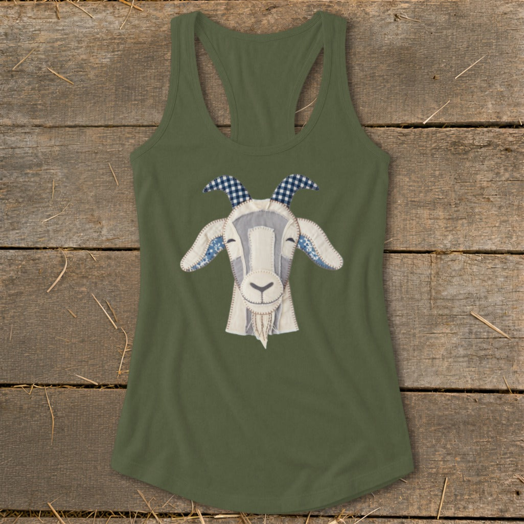 Olive green tank top with a pieced fabric goat face graphic.