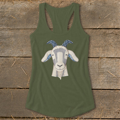 Olive green tank top with a pieced fabric goat face graphic.