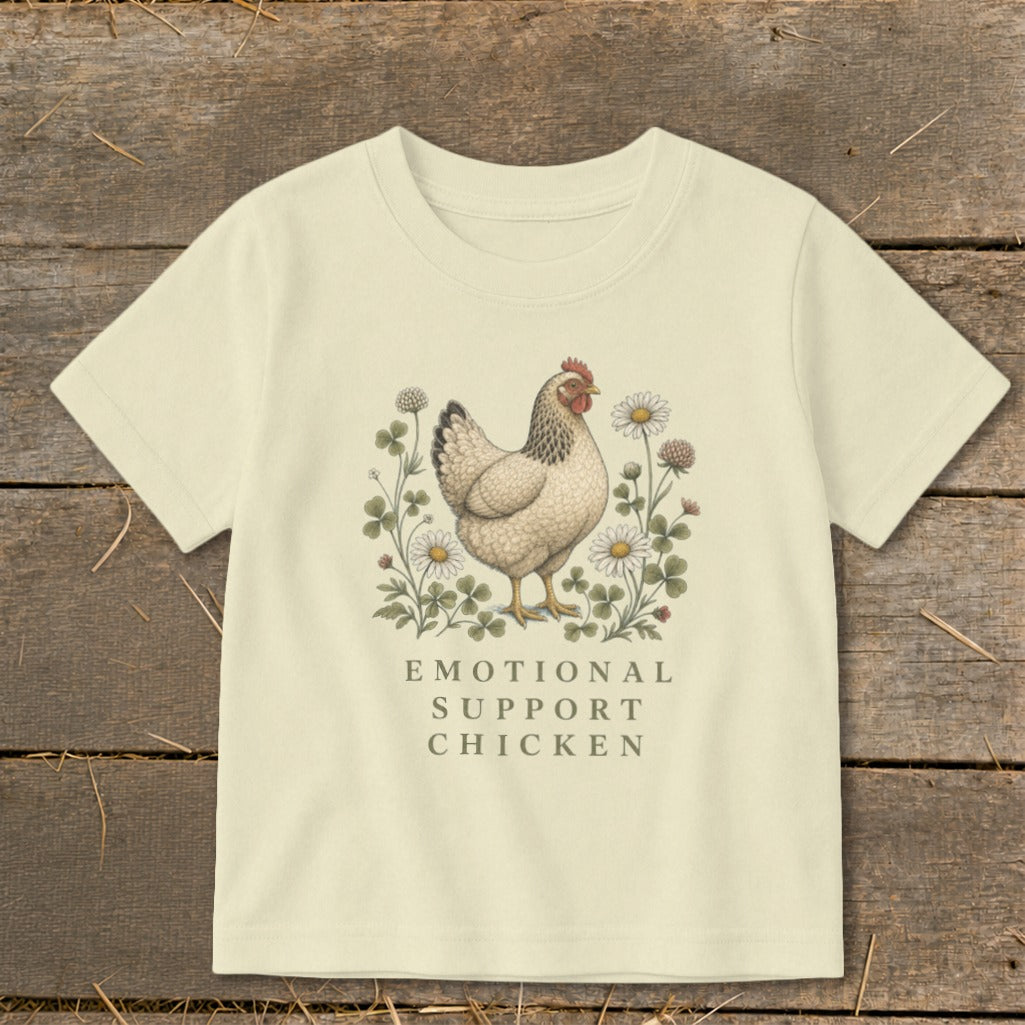 Cream t-shirt with "Emotional Support Chicken" text and a chicken illustration.