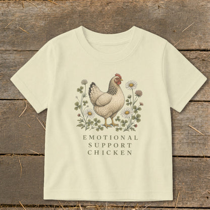 Cream t-shirt with "Emotional Support Chicken" text and a chicken illustration.