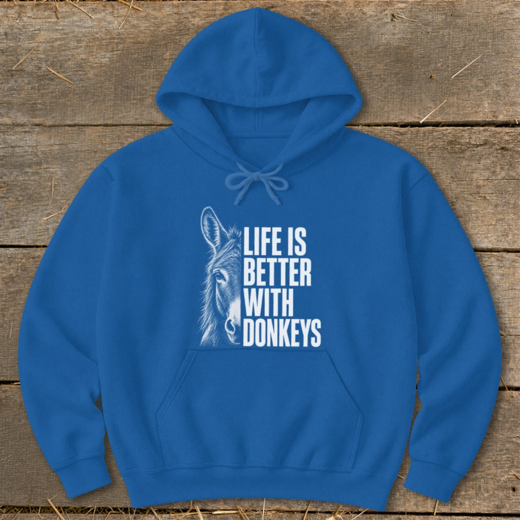 Blue hoodie with white text and donkey graphic: "Life is Better With Donkeys."