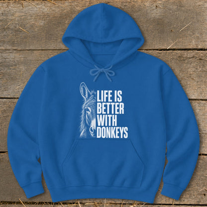 Blue hoodie with white text and donkey graphic: "Life is Better With Donkeys."