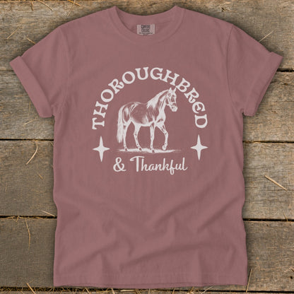 Rose colored t-shirt with white Thoroughbred horse graphic and text.