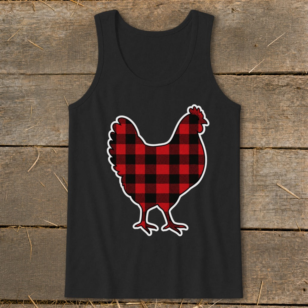 Black tank top with red and black buffalo plaid chicken graphic.