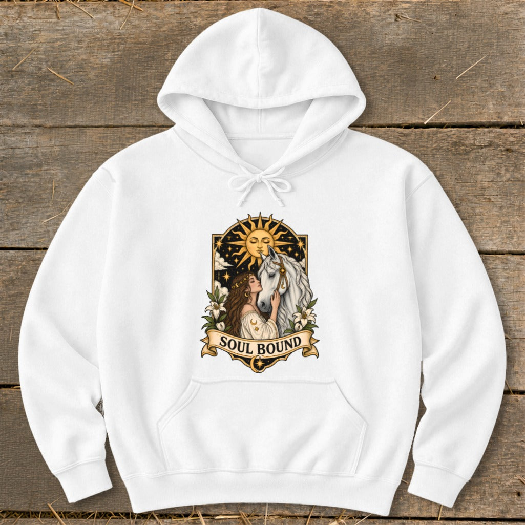 White hoodie with "Soul Bound" graphic of a woman and horse under the sun.
