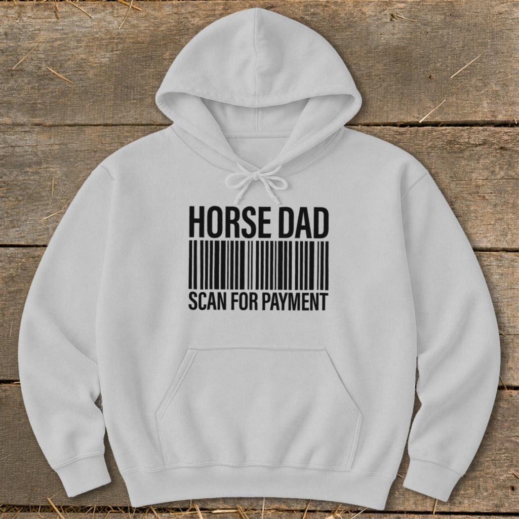 White hoodie with "HORSE DAD SCAN FOR PAYMENT" text and barcode graphic.