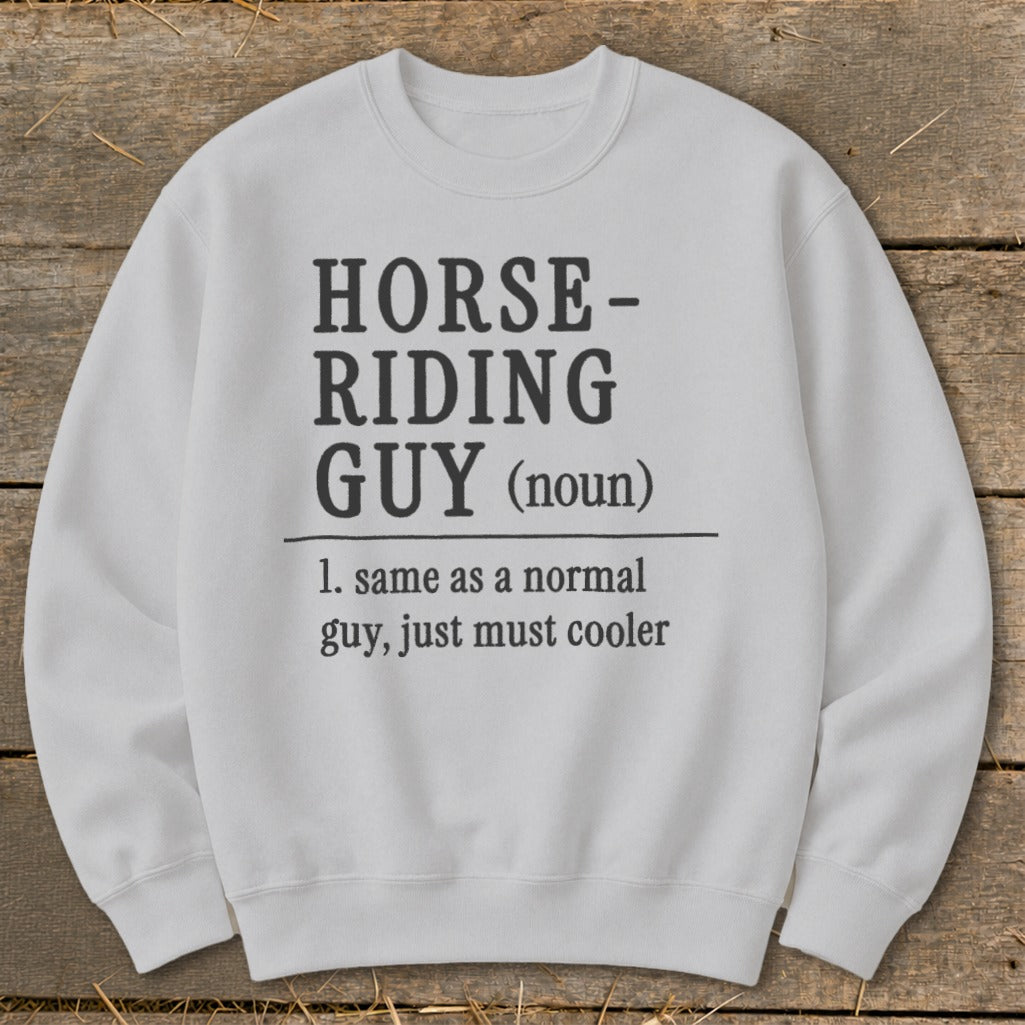 Light gray sweatshirt with "Horse-Riding Guy (noun)" definition printed on it.