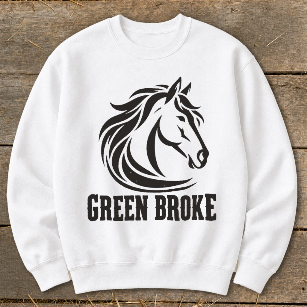 A white crewneck sweatshirt featuring a black graphic of a horse head and the text GREEN BROKE.