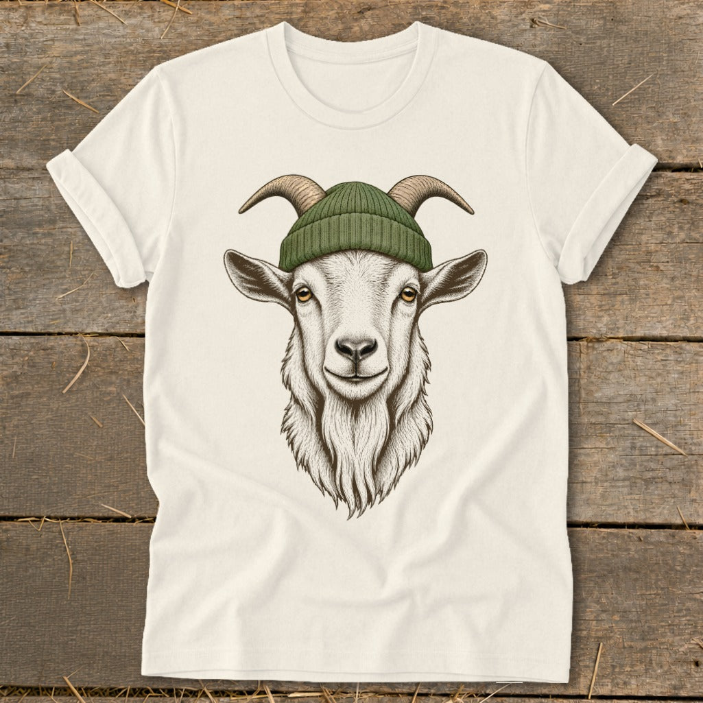 White t-shirt with a drawing of a goat wearing a green beanie.