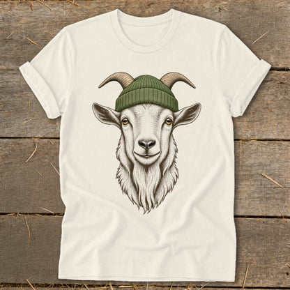 White t-shirt with a drawing of a goat wearing a green beanie.