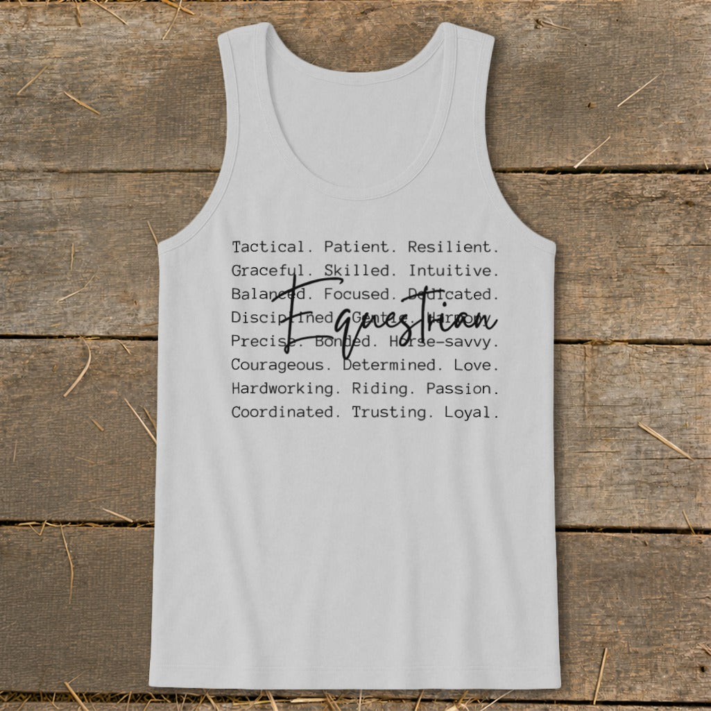 White tank top with list of words describing a rider, including "horse-savvy" and "riding".