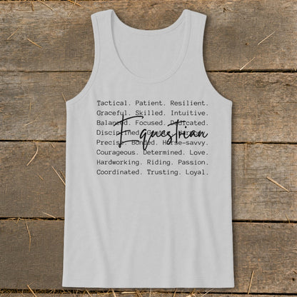 White tank top with list of words describing a rider, including "horse-savvy" and "riding".