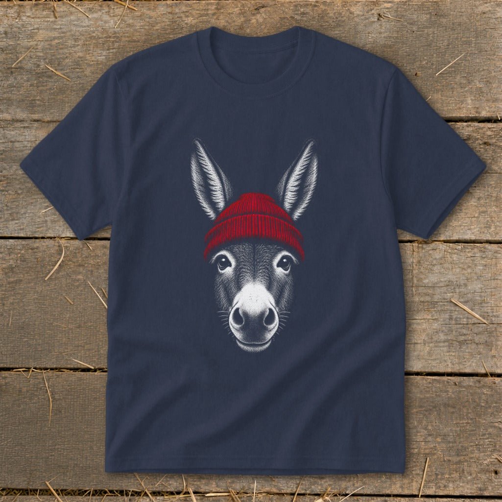 A dark blue t-shirt with a graphic of a donkey wearing a red beanie centered on the chest.