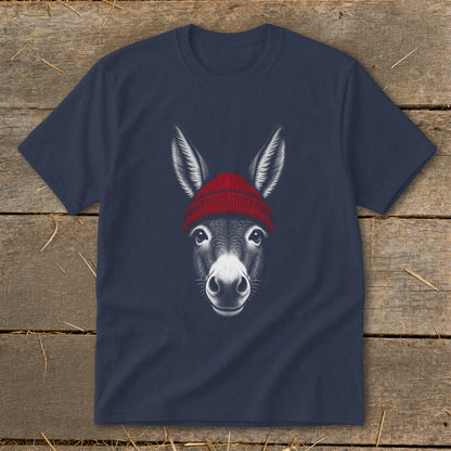 A dark blue t-shirt with a graphic of a donkey wearing a red beanie centered on the chest.