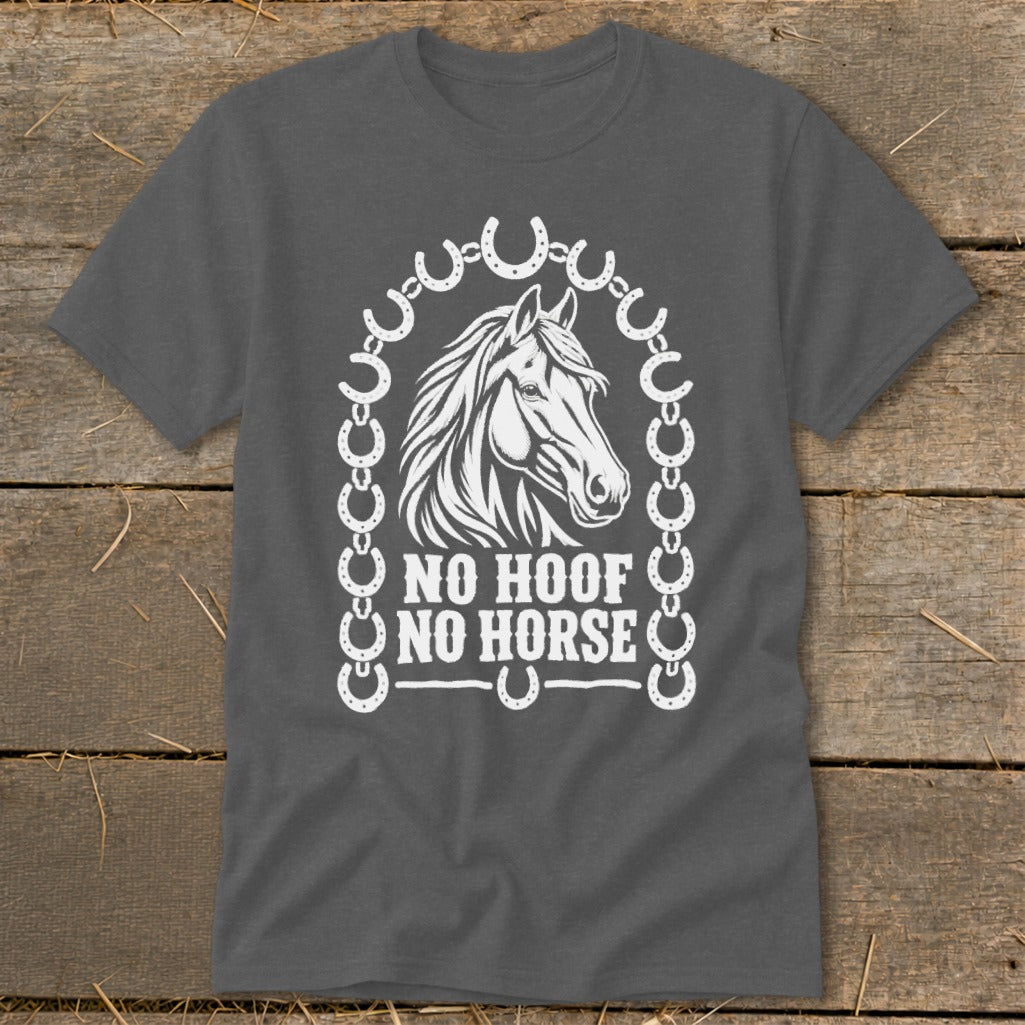 Dark gray t-shirt with a horse head and "NO HOOF NO HORSE" text.