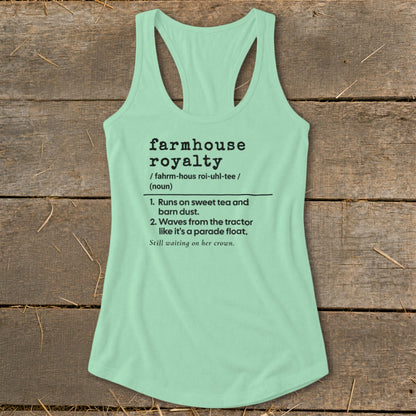 Mint green tank top with "farmhouse royalty" definition graphic.