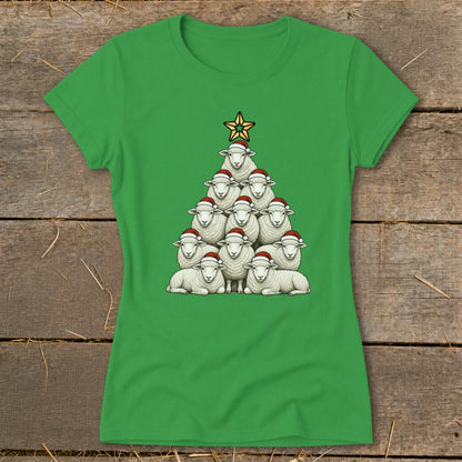 Green t-shirt with sheep arranged as a Christmas tree, wearing Santa hats.