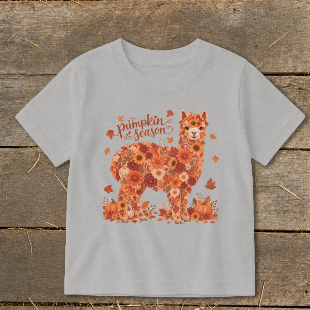 Light grey t-shirt with alpaca made of autumn flowers and "Pumpkin Season" text.