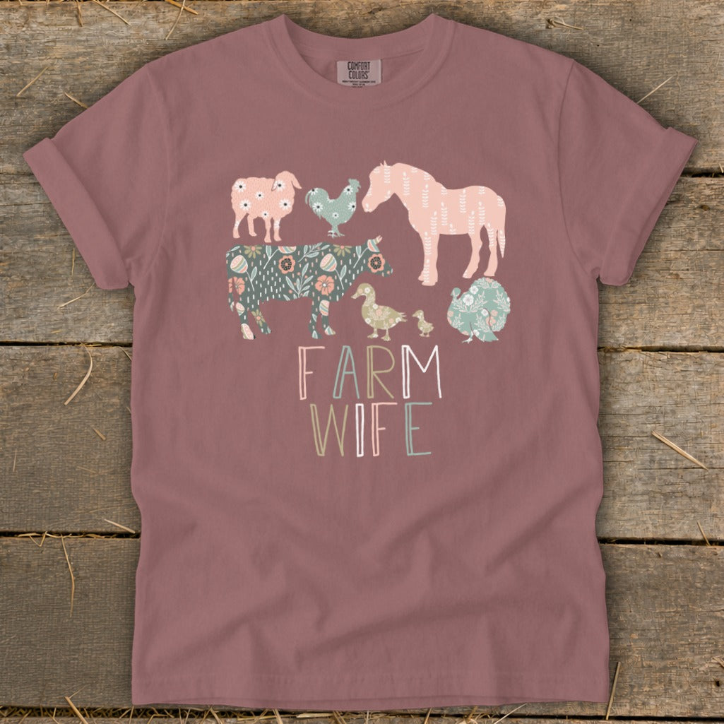 T-shirt with "Farm Wife" text and farm animal illustrations.