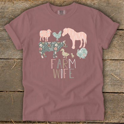 T-shirt with "Farm Wife" text and farm animal illustrations.