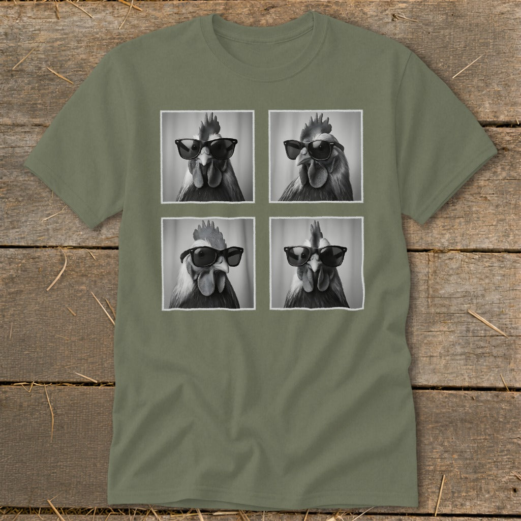 T-shirt with four black and white portraits of roosters wearing sunglasses.