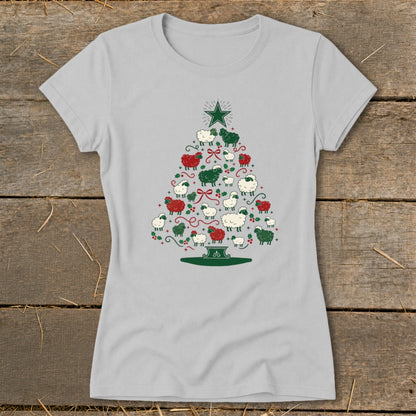Light gray t-shirt with a Christmas tree made of sheep and holly.