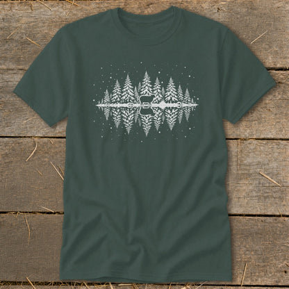 Dark green t-shirt with white silhouette of a guitar with trees and reflection.