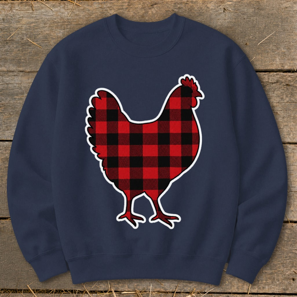 Navy sweatshirt with a red and black buffalo plaid chicken graphic.