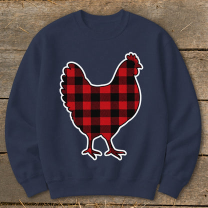 Navy sweatshirt with a red and black buffalo plaid chicken graphic.