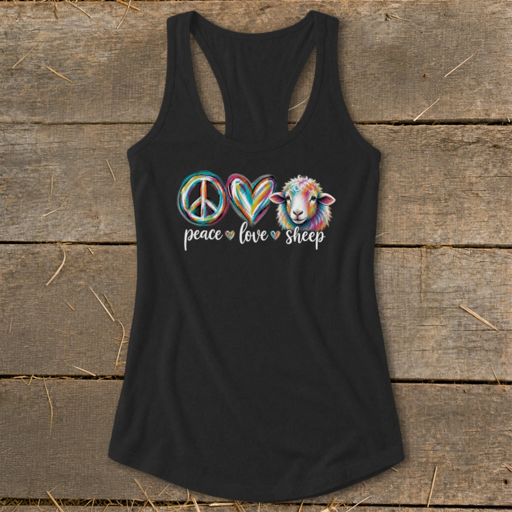 Black tank top with "Peace Love Sheep" graphic featuring a peace sign, heart, and colorful sheep.