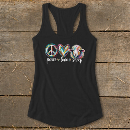 Black tank top with "Peace Love Sheep" graphic featuring a peace sign, heart, and colorful sheep.