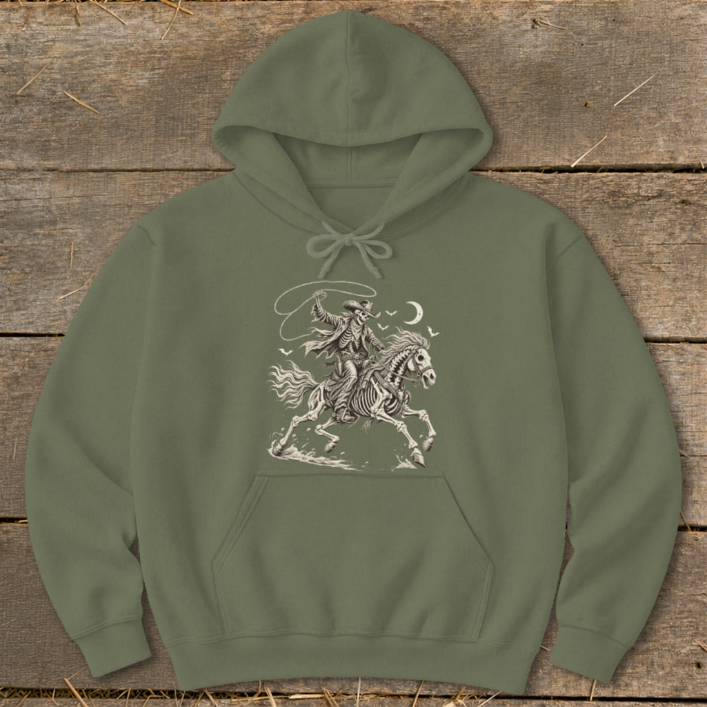 Olive green hoodie with a skeleton cowboy on a skeleton horse, lassoing under a moon.