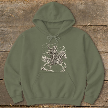 Olive green hoodie with a skeleton cowboy on a skeleton horse, lassoing under a moon.