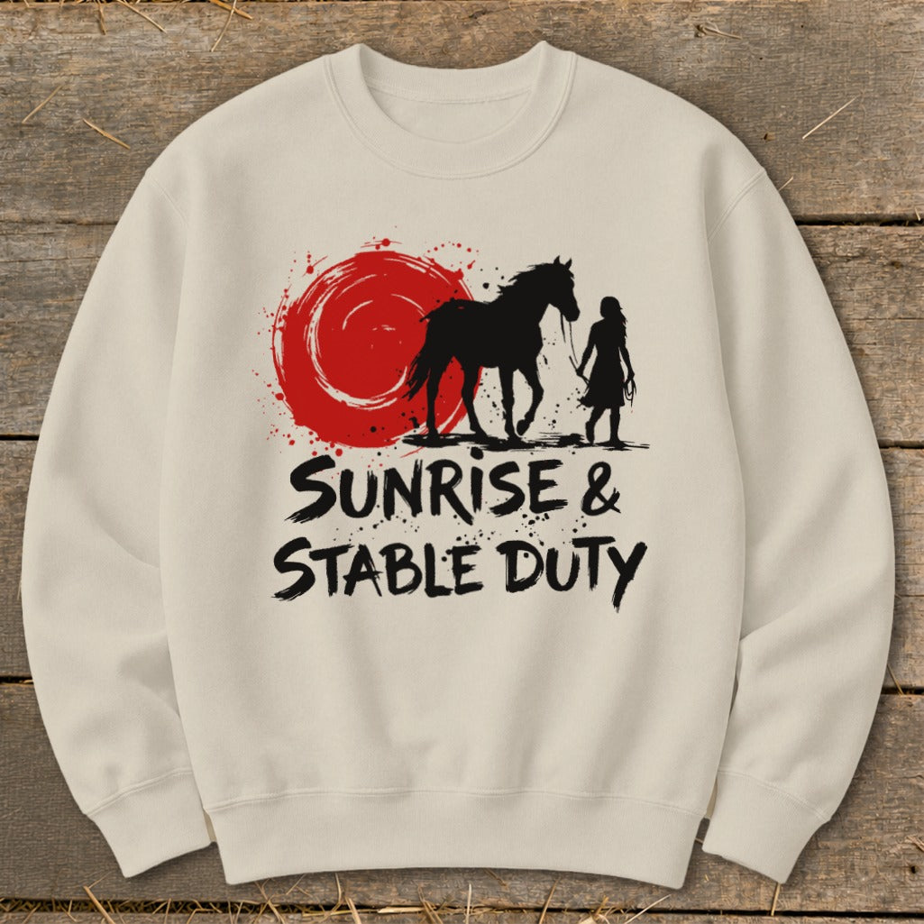 Crewneck sweatshirt with black horse, rider silhouette, red sun graphic, and text.