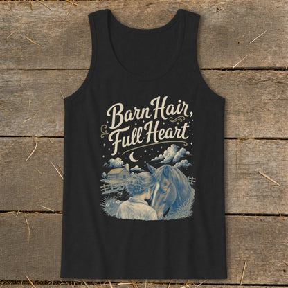 Black tank top with "Barn Hair, Full Heart" text and horse and rider illustration.