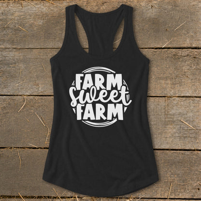 Black racerback tank top with white "FARM SWEET FARM" text design.