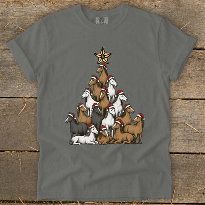 Grey t-shirt with a Christmas tree made of horses wearing Santa hats.