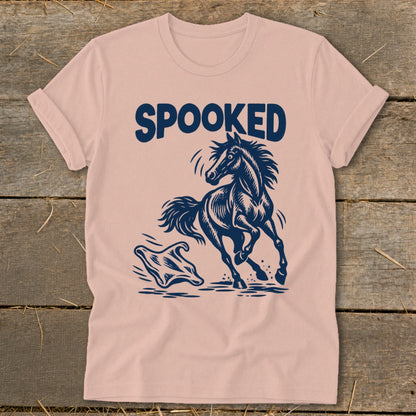 T-shirt with navy graphic of horse startled by a ghost and text "SPOOKED".