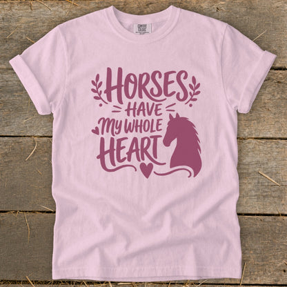 Pink t-shirt with purple text "Horses Have My Whole Heart" and horse silhouette.